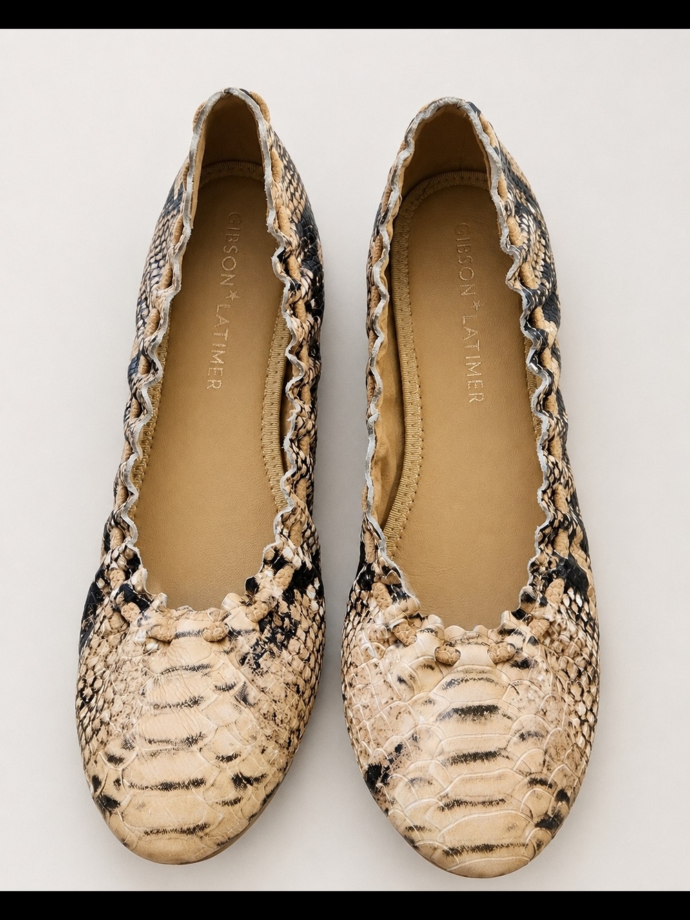 Gibson Latimer Ballet Flats Sz 8 Tan Snake-Print Scalloped Ballet Flats